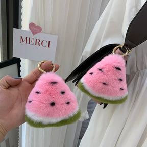 Fluffy Genuine Rex Rabbit Fur Keychain Fruit Watermelon Toy Real Fur Ball Pendant Metal Car Key Ring Bag Charm Women Trinket