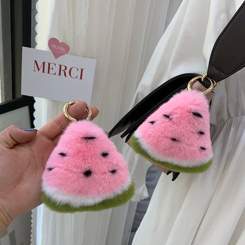 Fluffy Genuine Rex Rabbit Fur Keychain Fruit Watermelon Toy Real Fur Ball Pendant Metal Car Key Ring Bag Charm Women Trinket