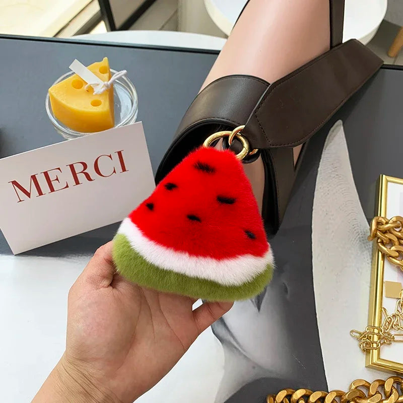 Fluffy Genuine Rex Rabbit Fur Keychain Fruit Watermelon Toy Real Fur Ball Pendant Metal Car Key Ring Bag Charm Women Trinket