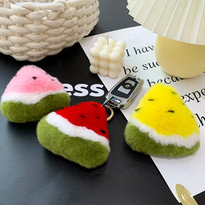 Fluffy Genuine Rex Rabbit Fur Keychain Fruit Watermelon Toy Real Fur Ball Pendant Metal Car Key Ring Bag Charm Women Trinket