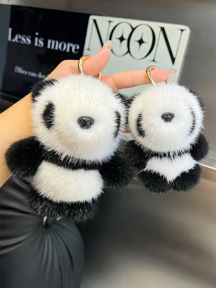 Cute Real Mink Fur Panda Key Chains Plush Toy Girls Bag Hanging Ornaments Pendant Women's Car Keyring Trinkets Classic Kids Gift