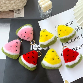 Fluffy Genuine Rex Rabbit Fur Keychain Fruit Watermelon Toy Real Fur Ball Pendant Metal Car Key Ring Bag Charm Women Trinket