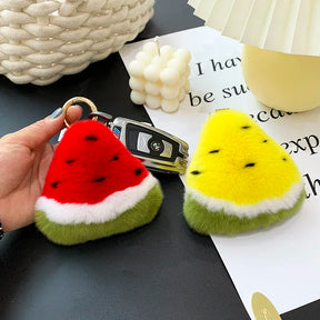 Fluffy Genuine Rex Rabbit Fur Keychain Fruit Watermelon Toy Real Fur Ball Pendant Metal Car Key Ring Bag Charm Women Trinket